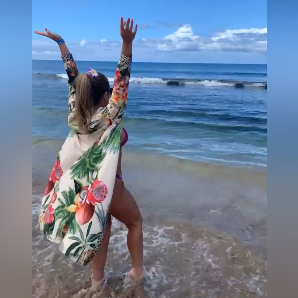 Tropical print beach kimono coverup